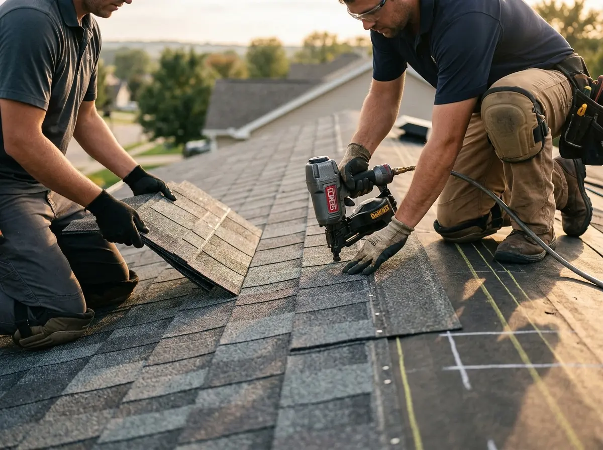 Professional roofer working on a residential roof in Pepper Pike